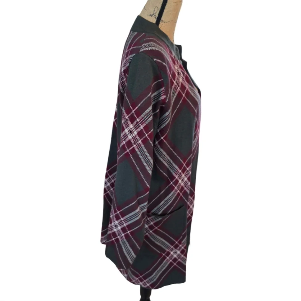 Tahari Womens‎ Green Burgundy Plaid Open Front Longline Cardigan Sweater Size M
